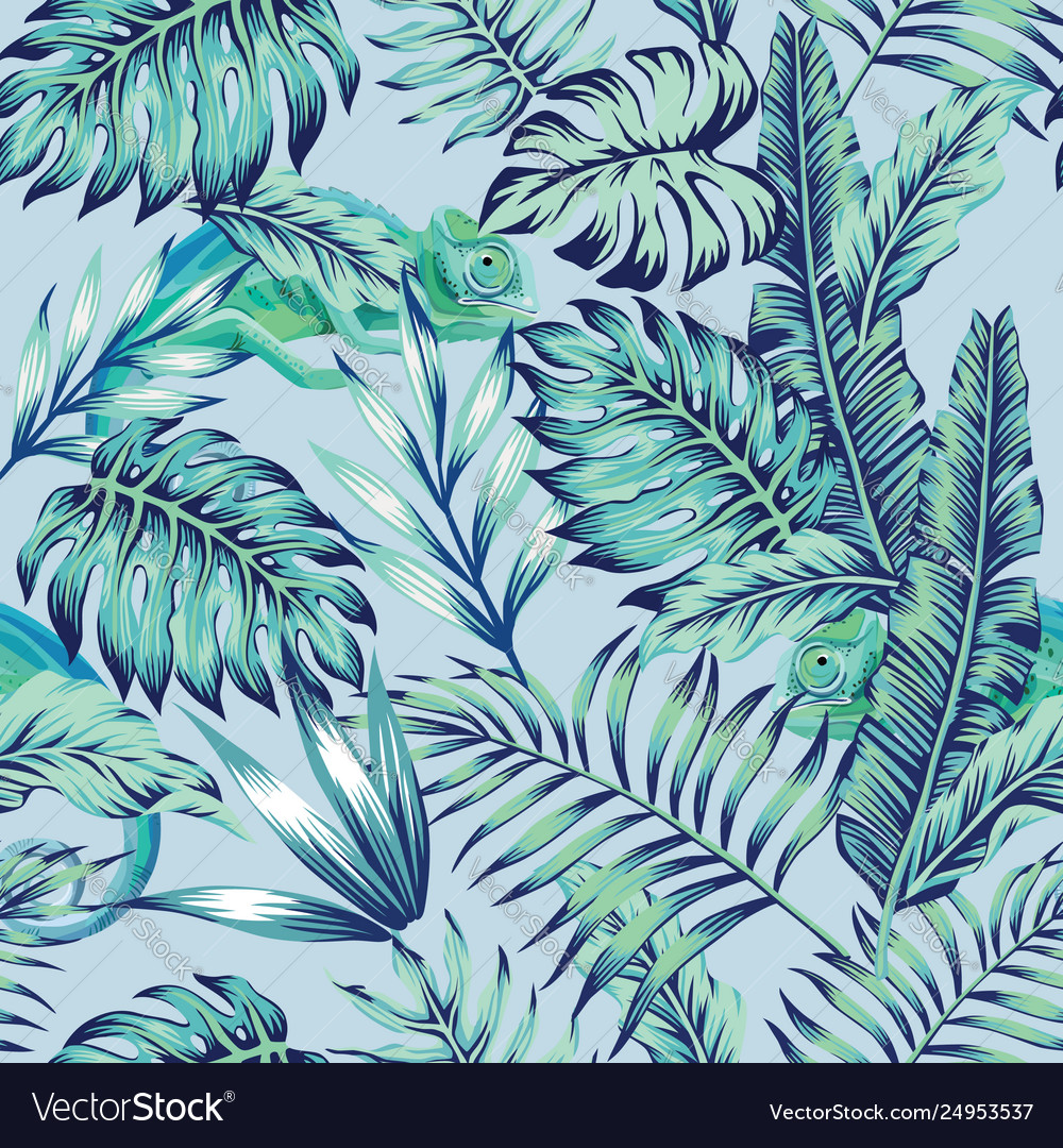 Chameleon blue jungle light background Royalty Free Vector