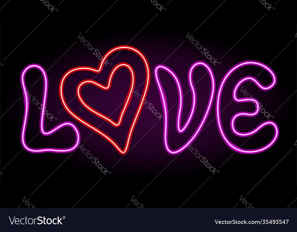 Art with shiny neon text love and red heart