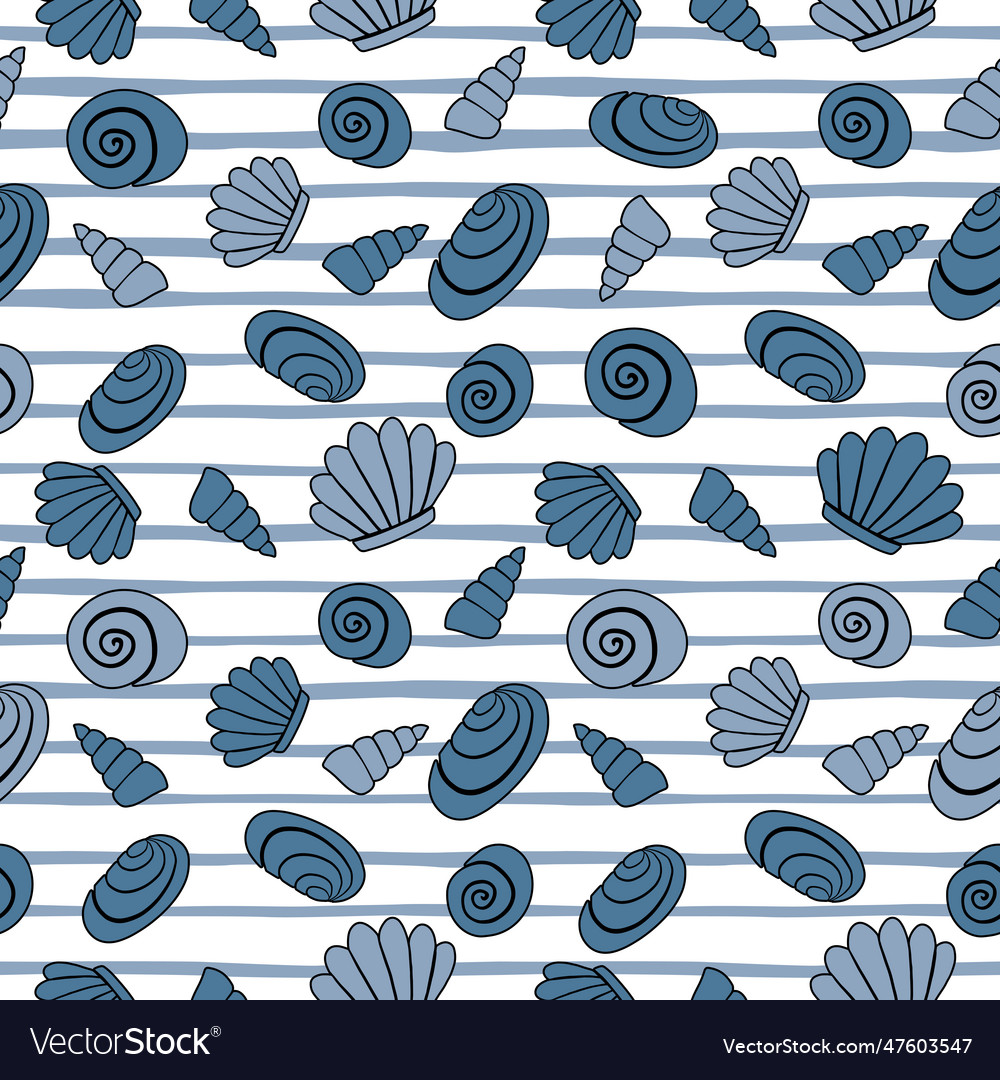 Sea Shells Blue Seamless On Striped Background Vector Image Sea Shells Blue Seamless On Striped Background Vector Image