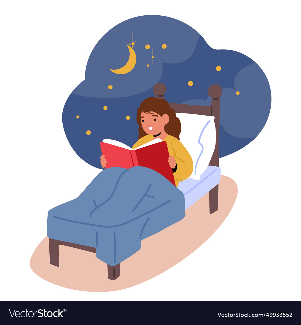 Girl Character Reading Curled Up In Bed Child Vector Image