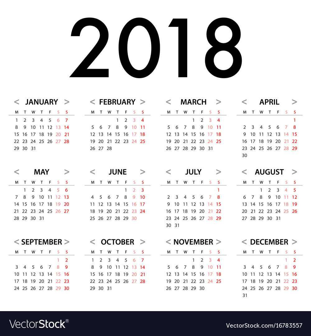 Calendar for 2018 template design week starts