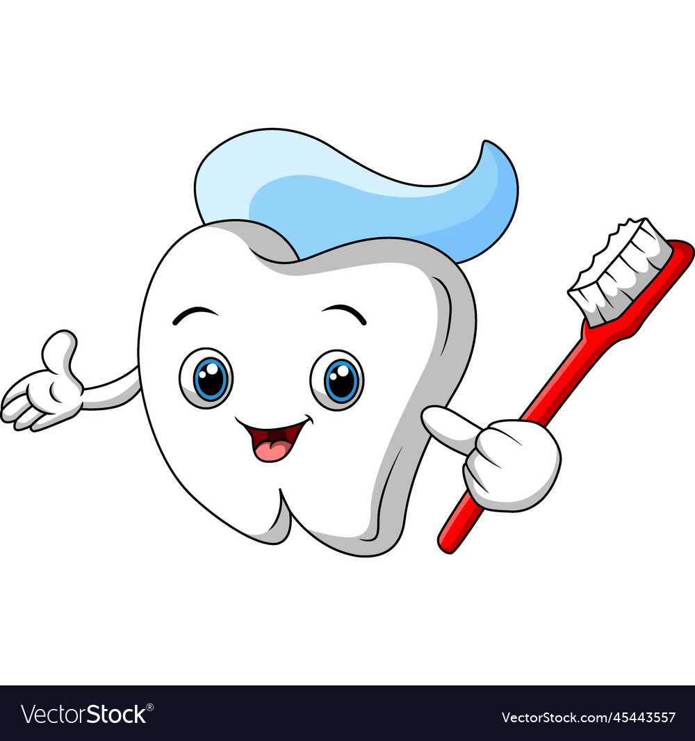 Cute tooth cartoon holding tooth brush Royalty Free Vector