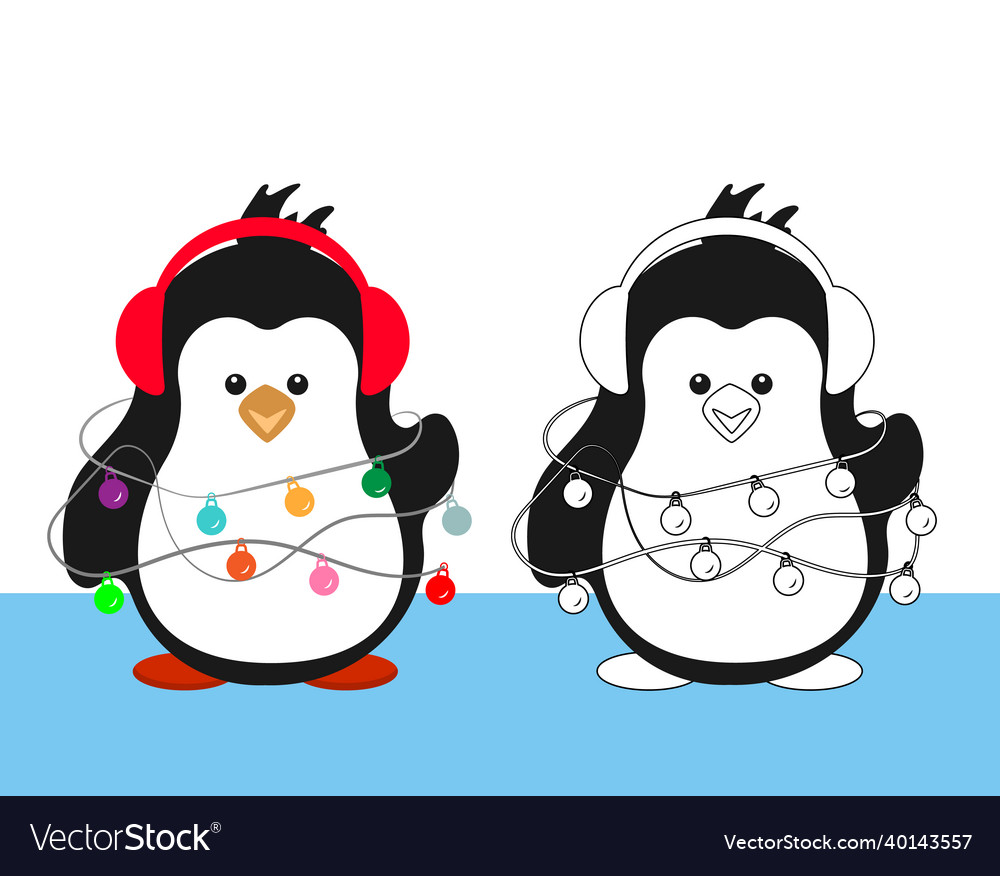 Penguin in red headphones with a festive colored Vector Image