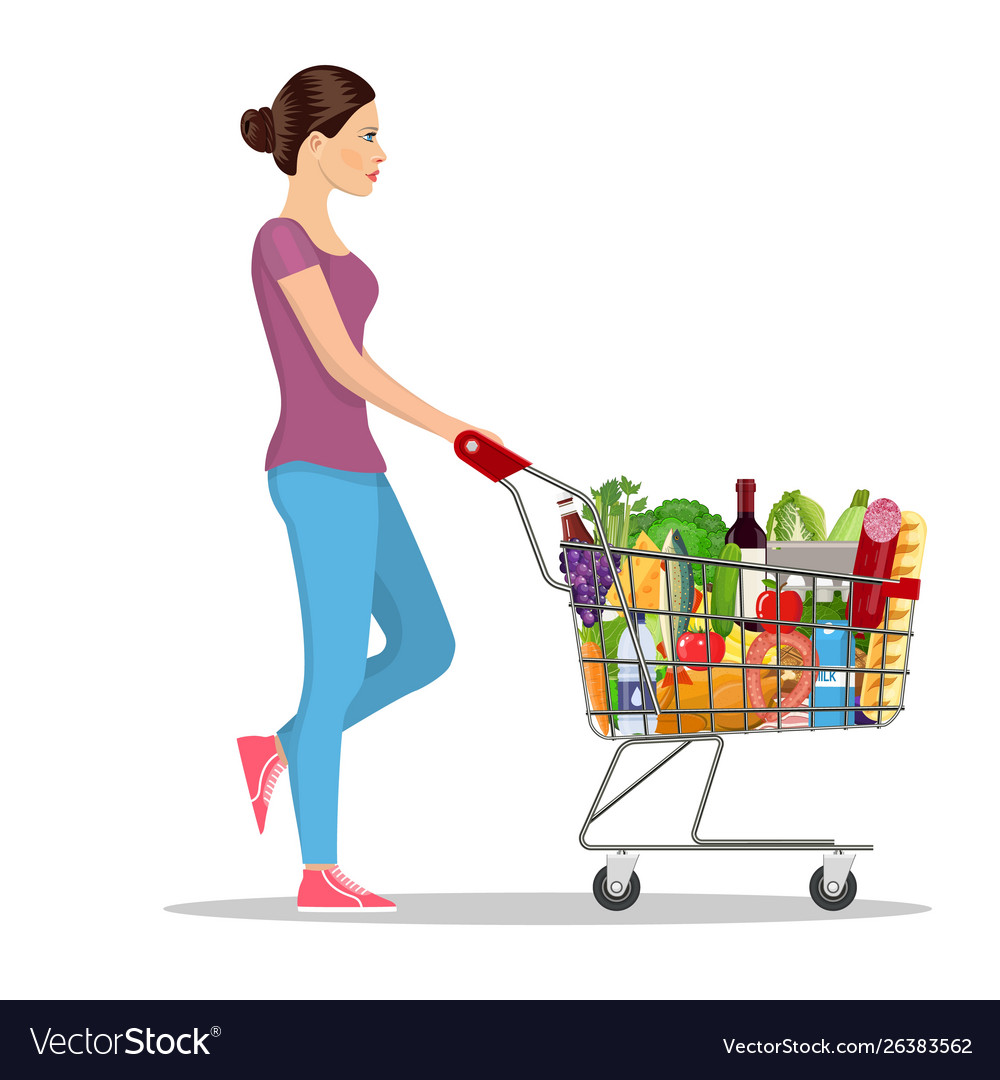 Young woman pushing supermarket Royalty Free Vector Image