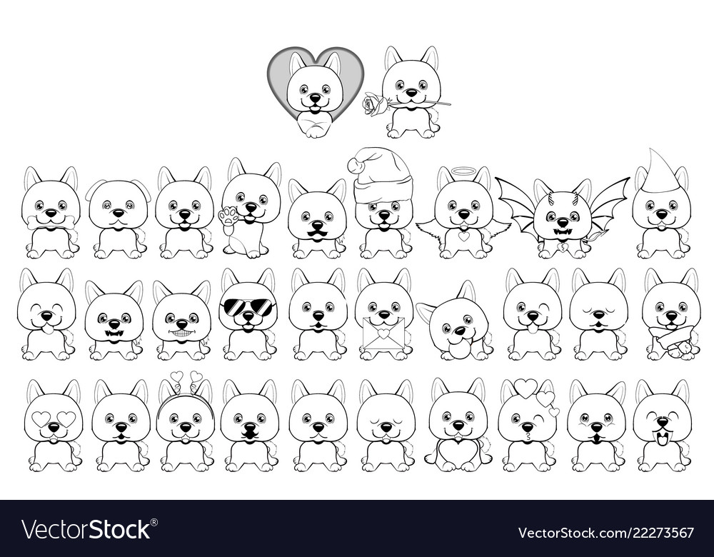 Big set of little dogs with different emotions