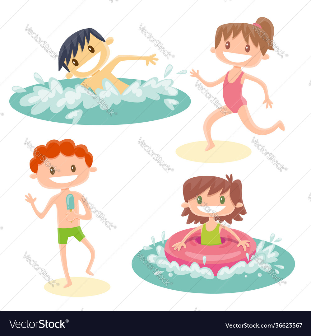 Set isolated cartoon kids playing at beach Vector Image