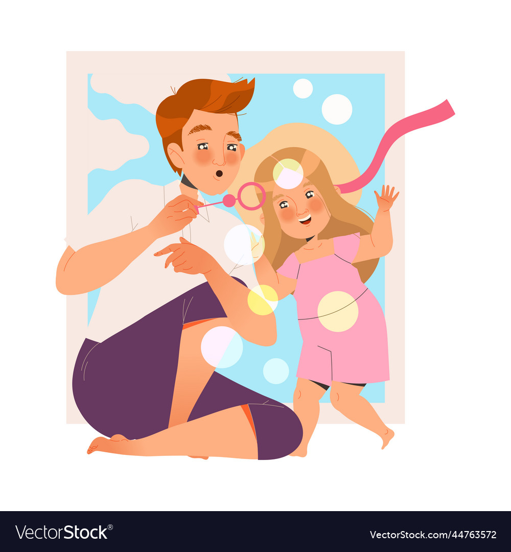 Father and little girl blowing soap bubbles Vector Image