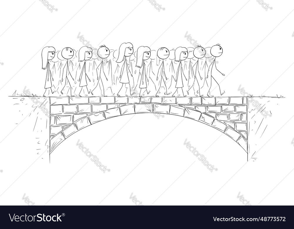 Group or crowd of people walking over bridge Vector Image