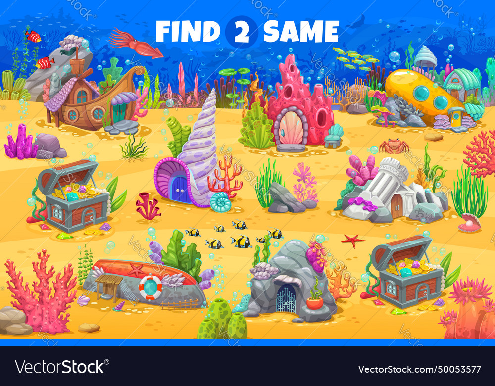 Find two same cartoon fairytail underwater houses Vector Image