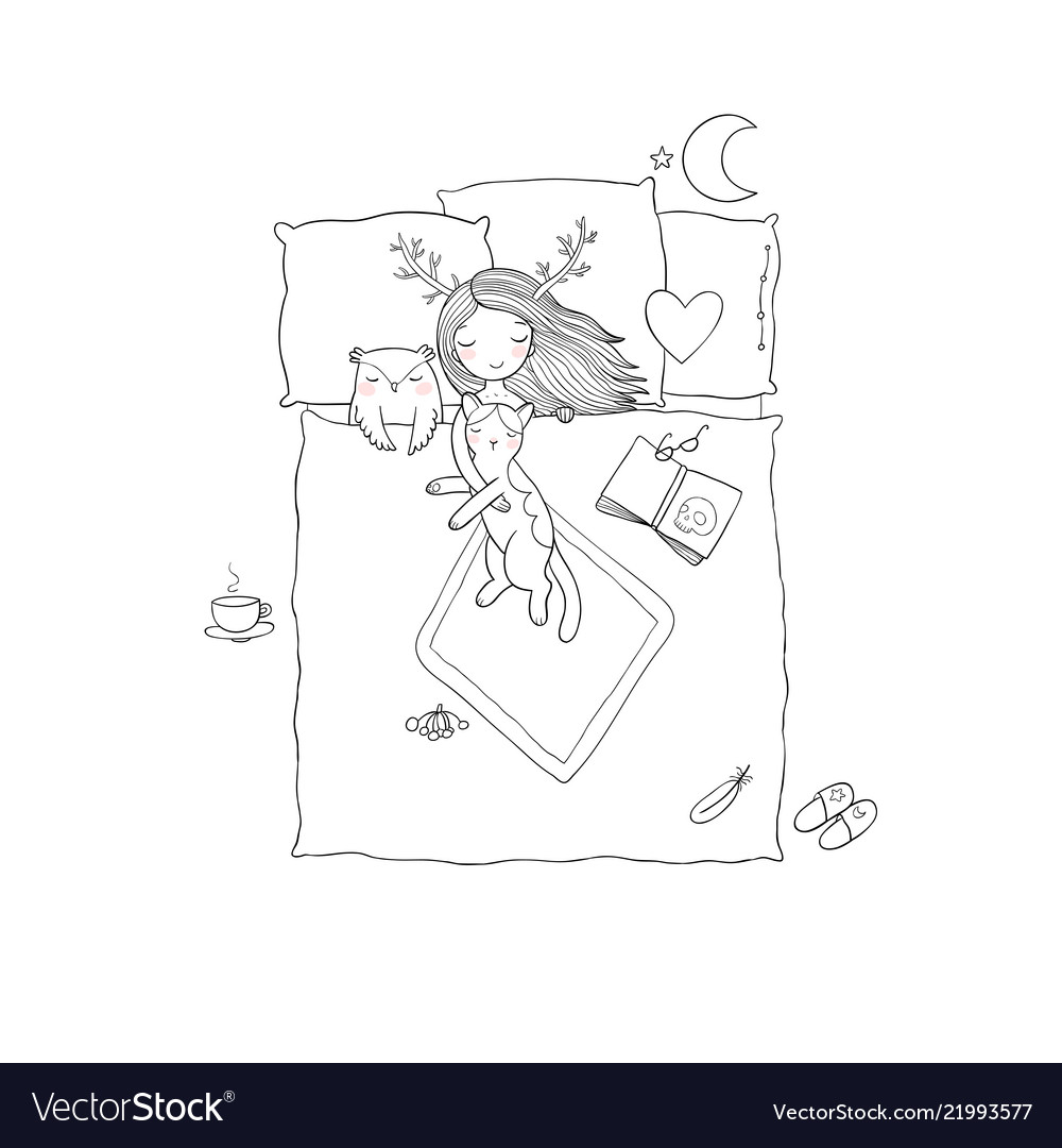 Sleeping girl and cat good night sweet dreams Vector Image