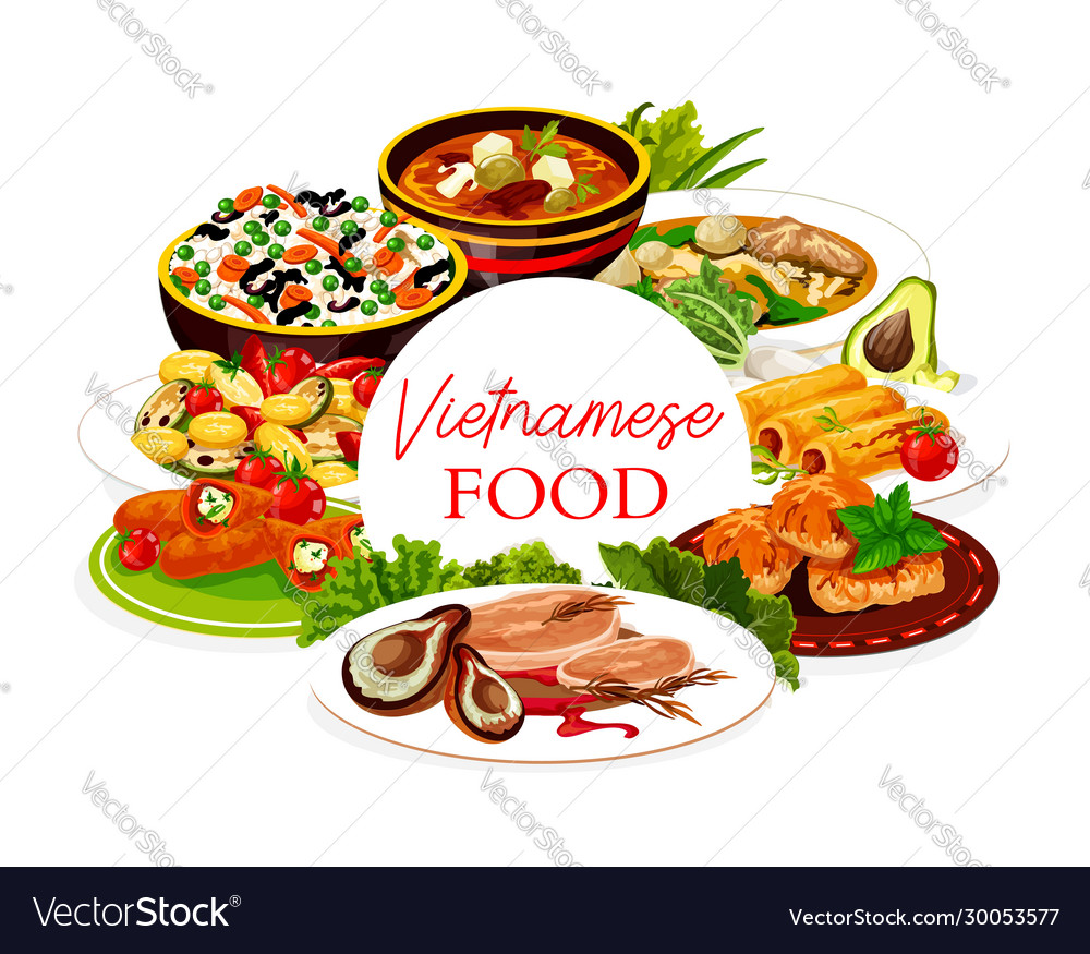 Vietnamese asian cuisine rice meat fish dishes Vector Image