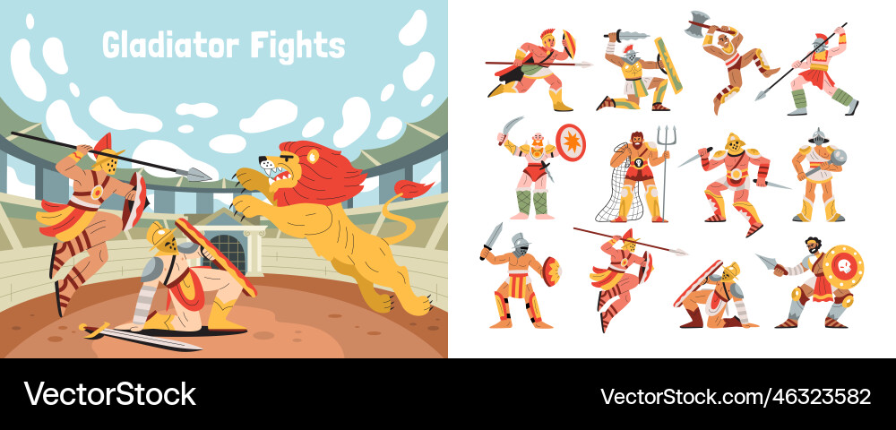 Gladiator fights flat compositions Royalty Free Vector Image