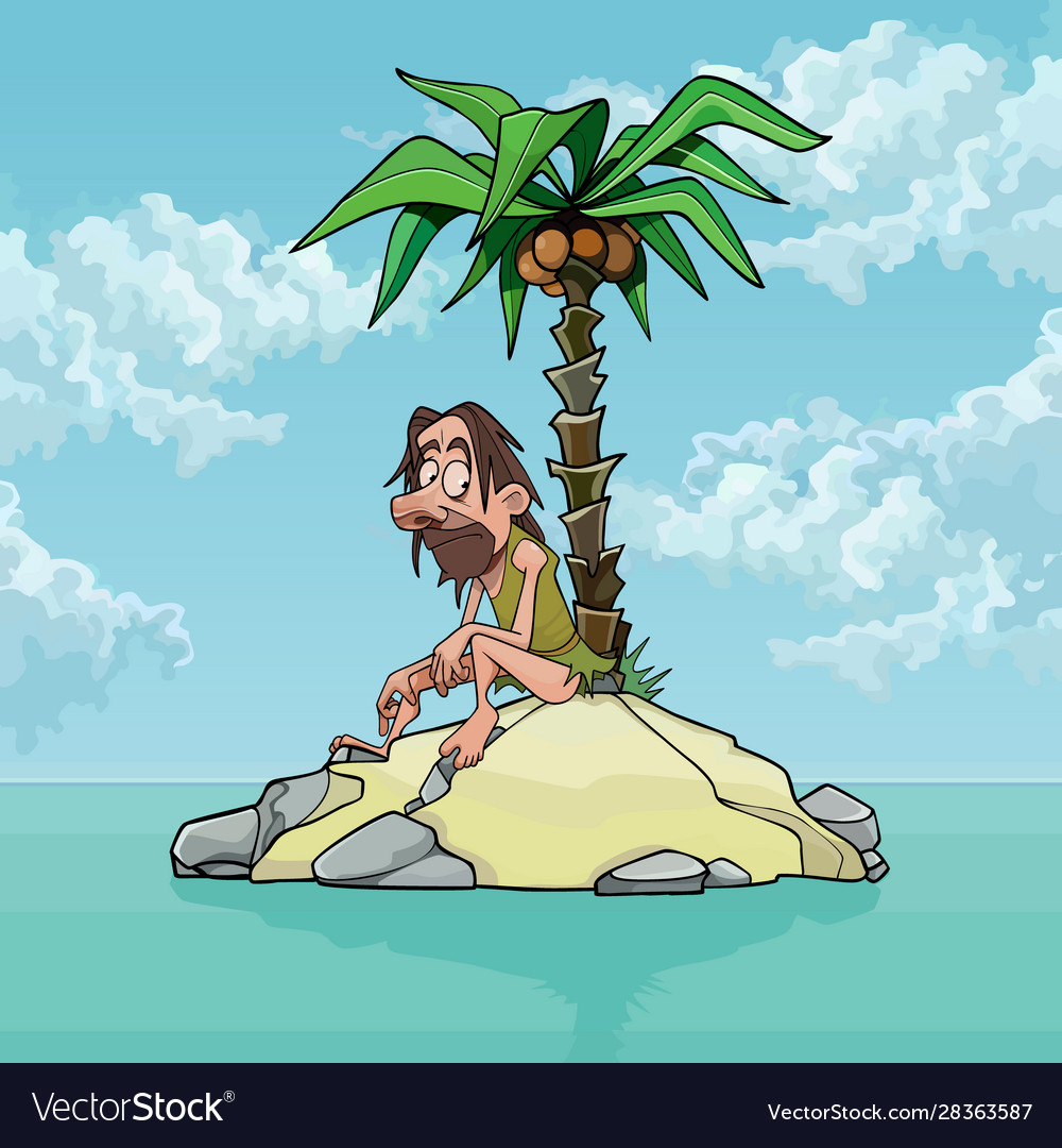 Cartoon lonely man on a small island with palm Vector Image