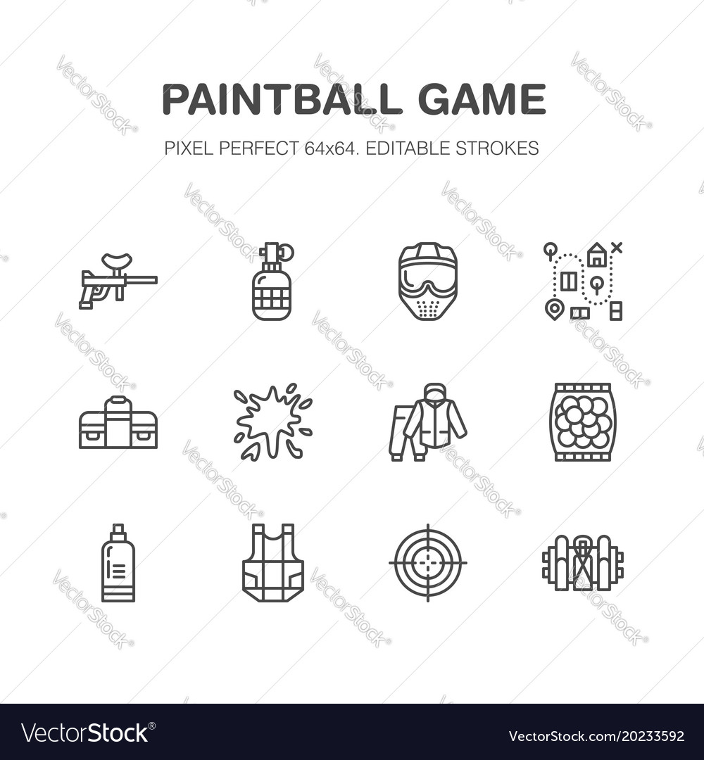 Paintball game flat line icons outdoor