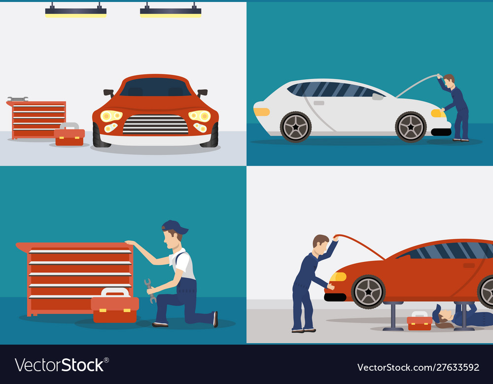 Set scenes with mechanics working characters Vector Image