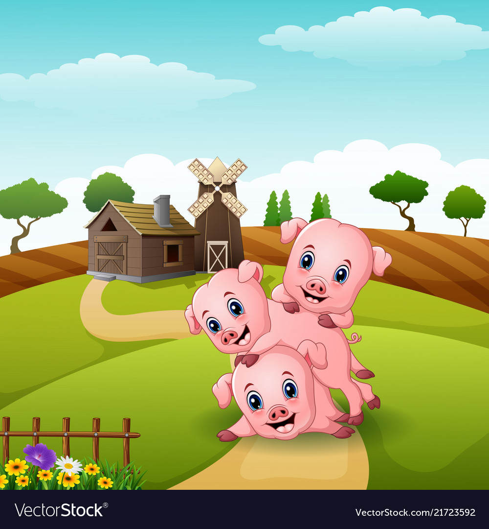 Three little pigs playing at farm Royalty Free Vector Image