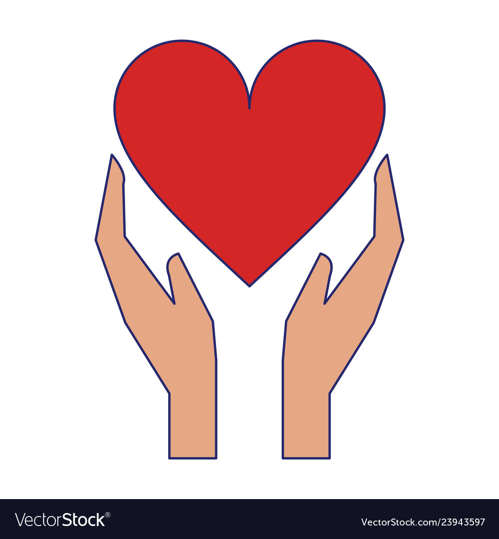 Hands holding heart love symbol blue lines