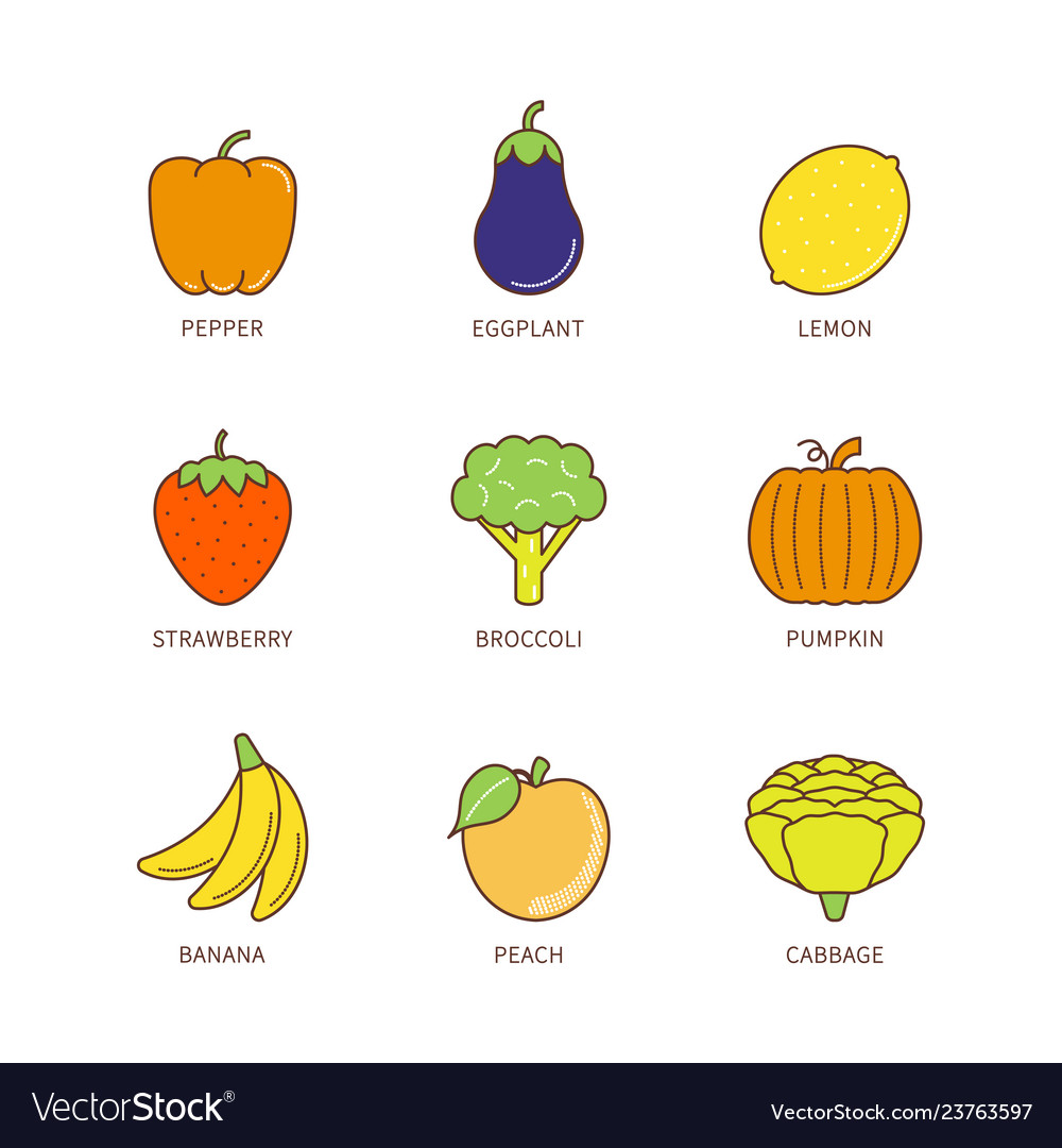 Minimal lineart flat fruits and vegetables iconset