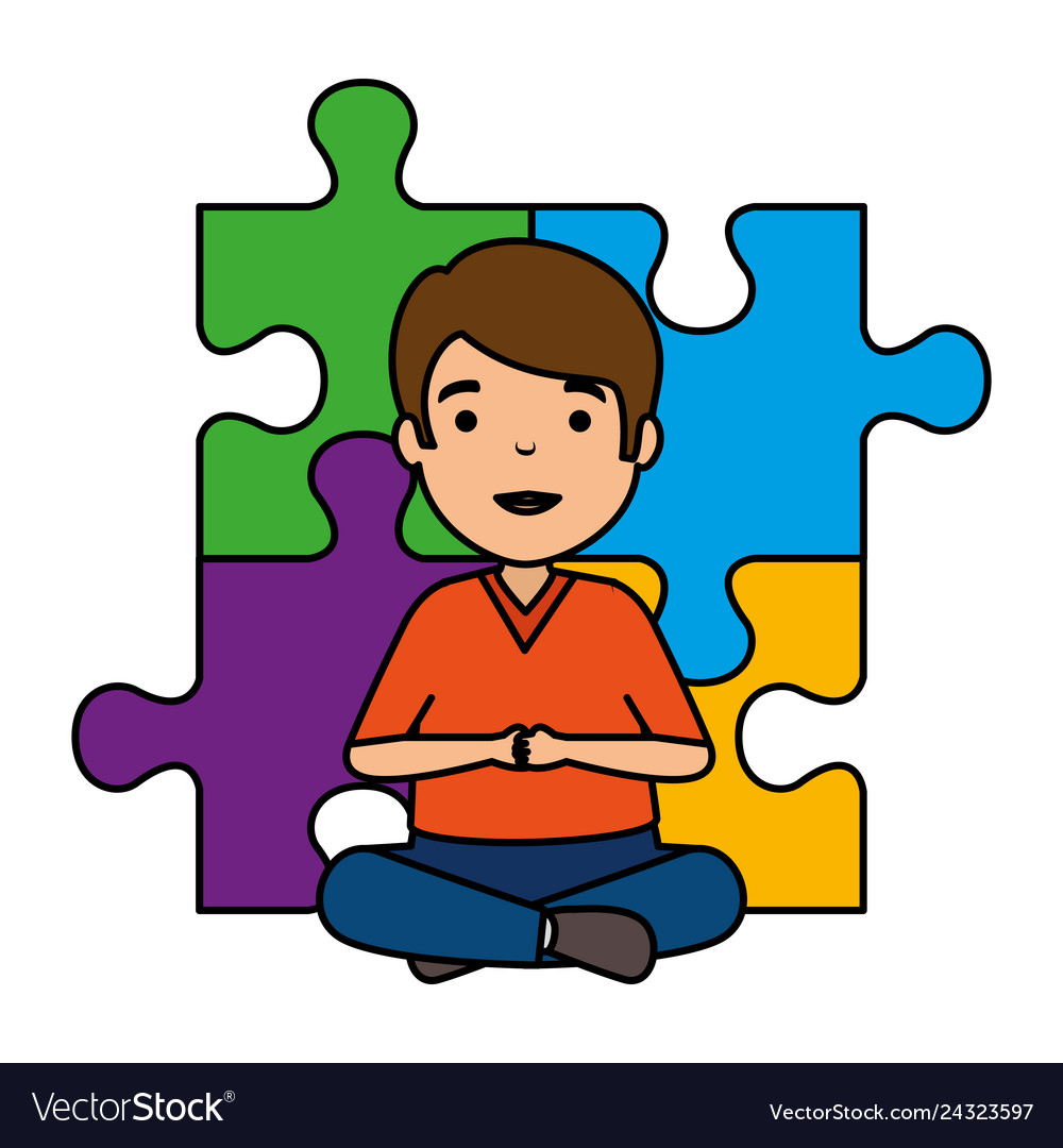 Young boy with puzzle attached