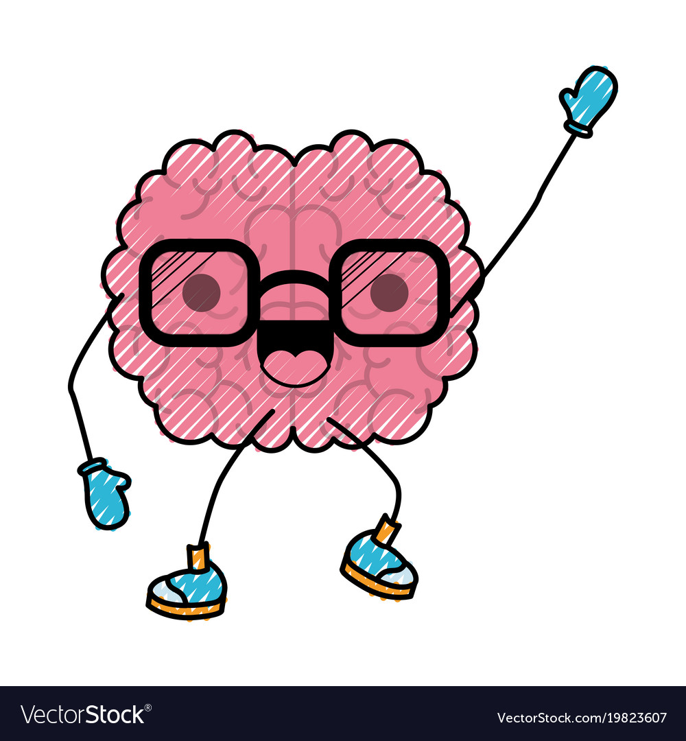 Brain cartoon with glasses and cheerful expression