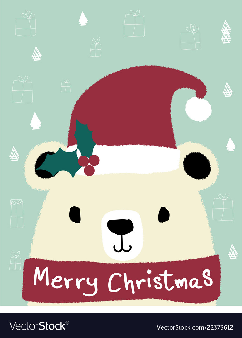 White teddy bear wears red santa clause hat merry