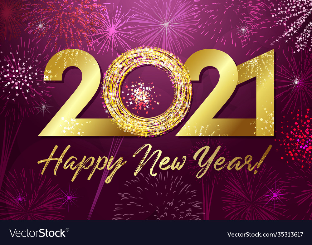 2021 golden glittering 3d fireworks purple Vector Image