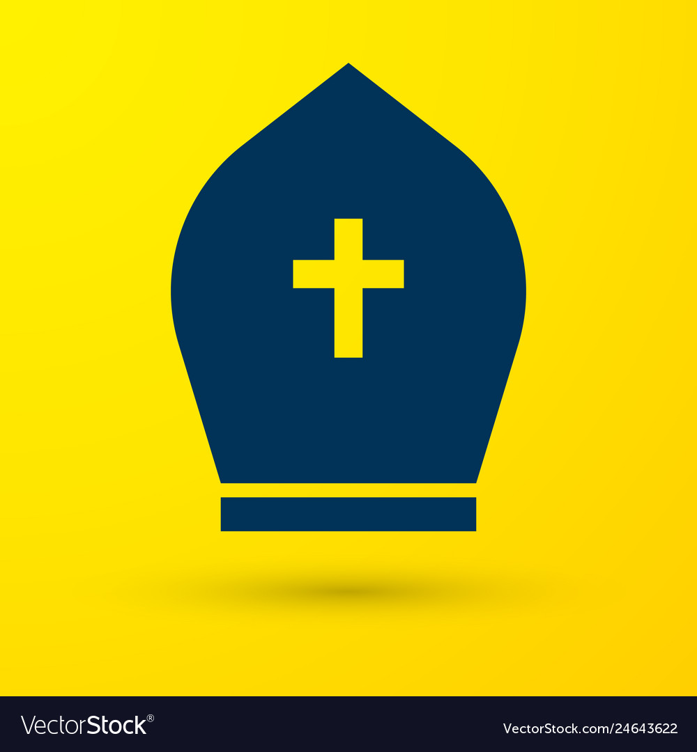 Blue pope hat icon isolated on yellow background