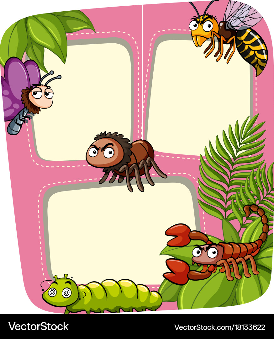 Border template with many insects in garden Vector Image