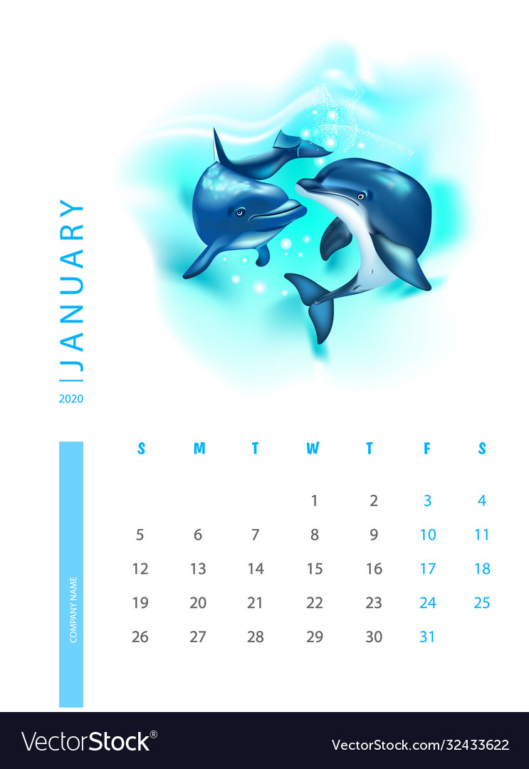 Calendar for 2020 with dolphins Royalty Free Vector Image