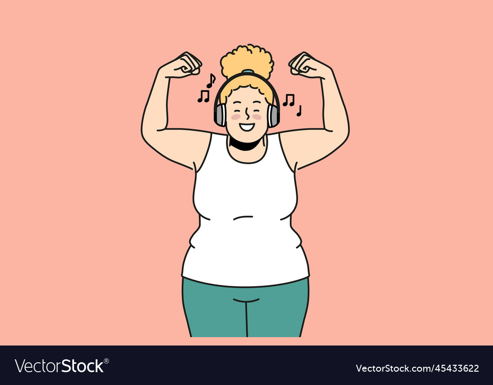 Overjoyed fat woman training listening to music