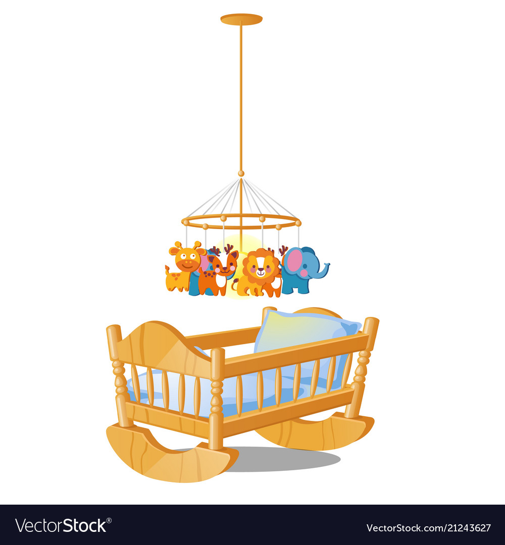 Bacarousel with hanging toys over wooden cot Vector Image