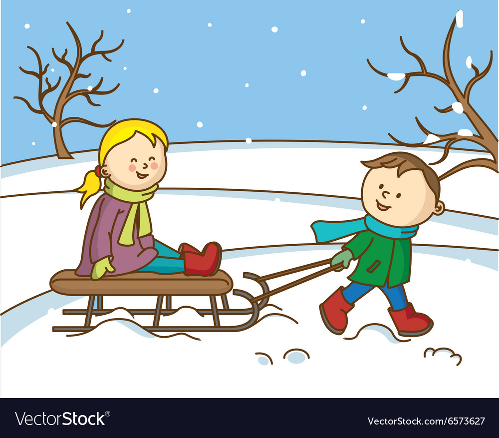 Children playing with a sled in the snow