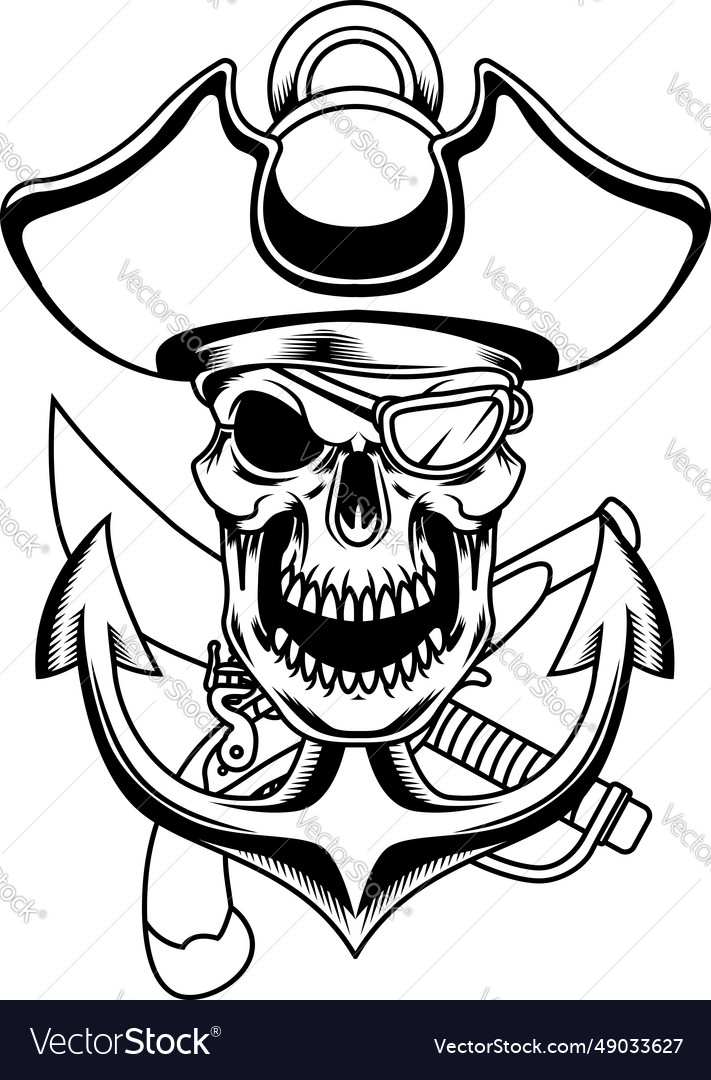 Outlined pirate skull with sabres and gun