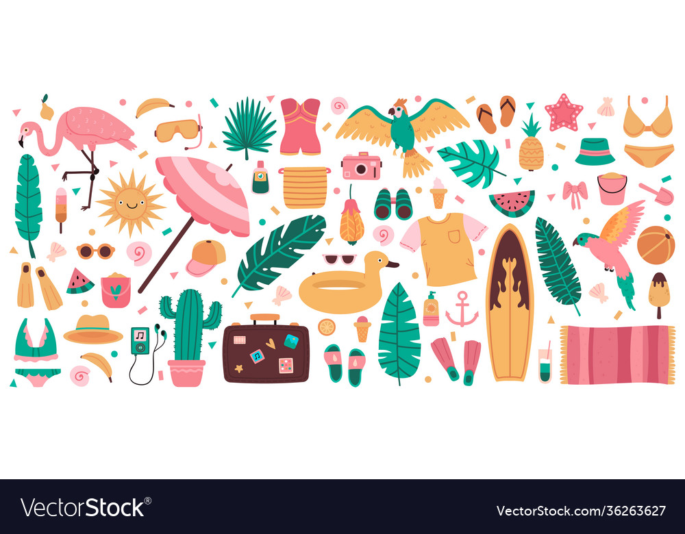 Summer beach symbols cute vacation vector image Summer beach symbols cute vacation