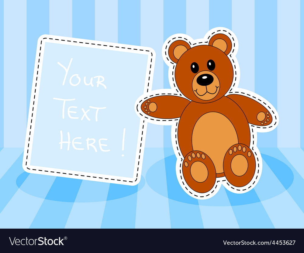 Teddy bear with blank sign in blue room Royalty Free Vector