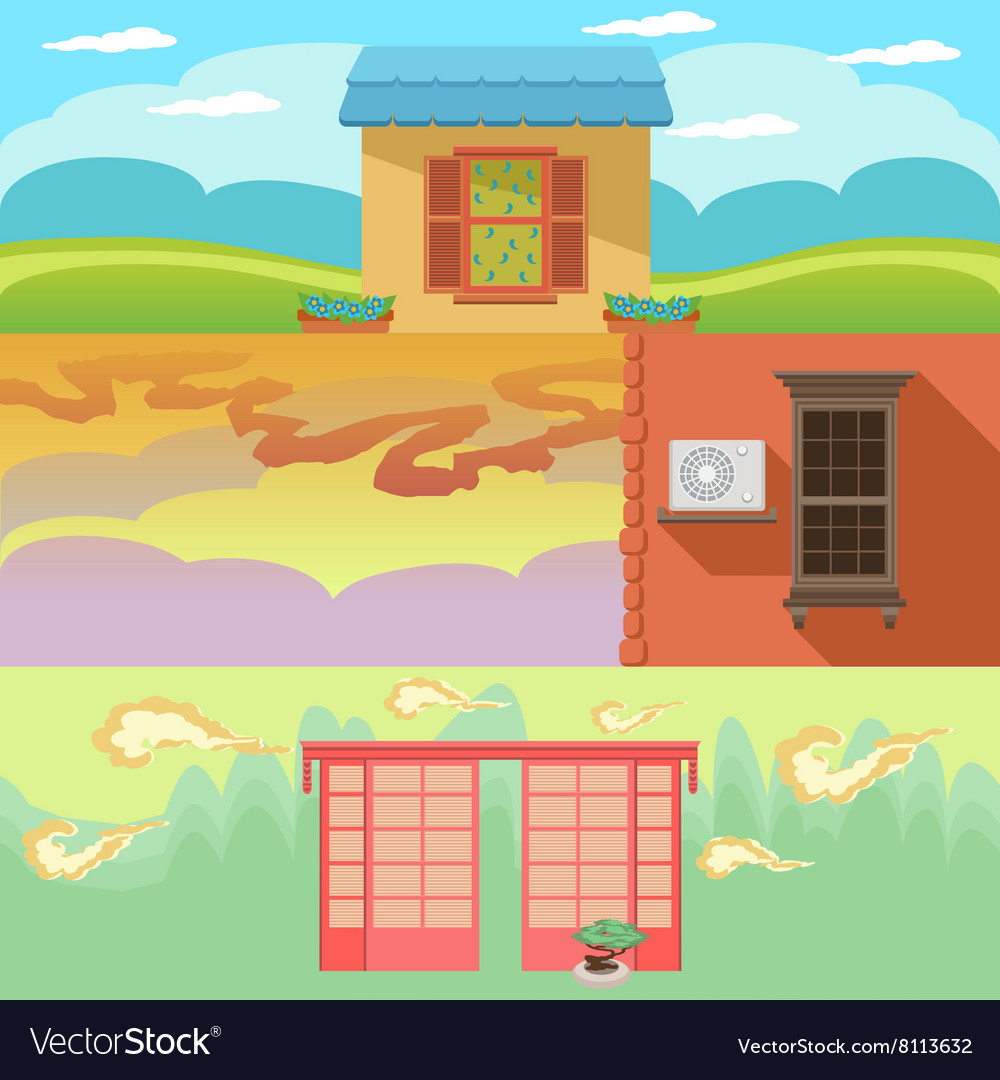 Cartoon landscape with houses windows clouds