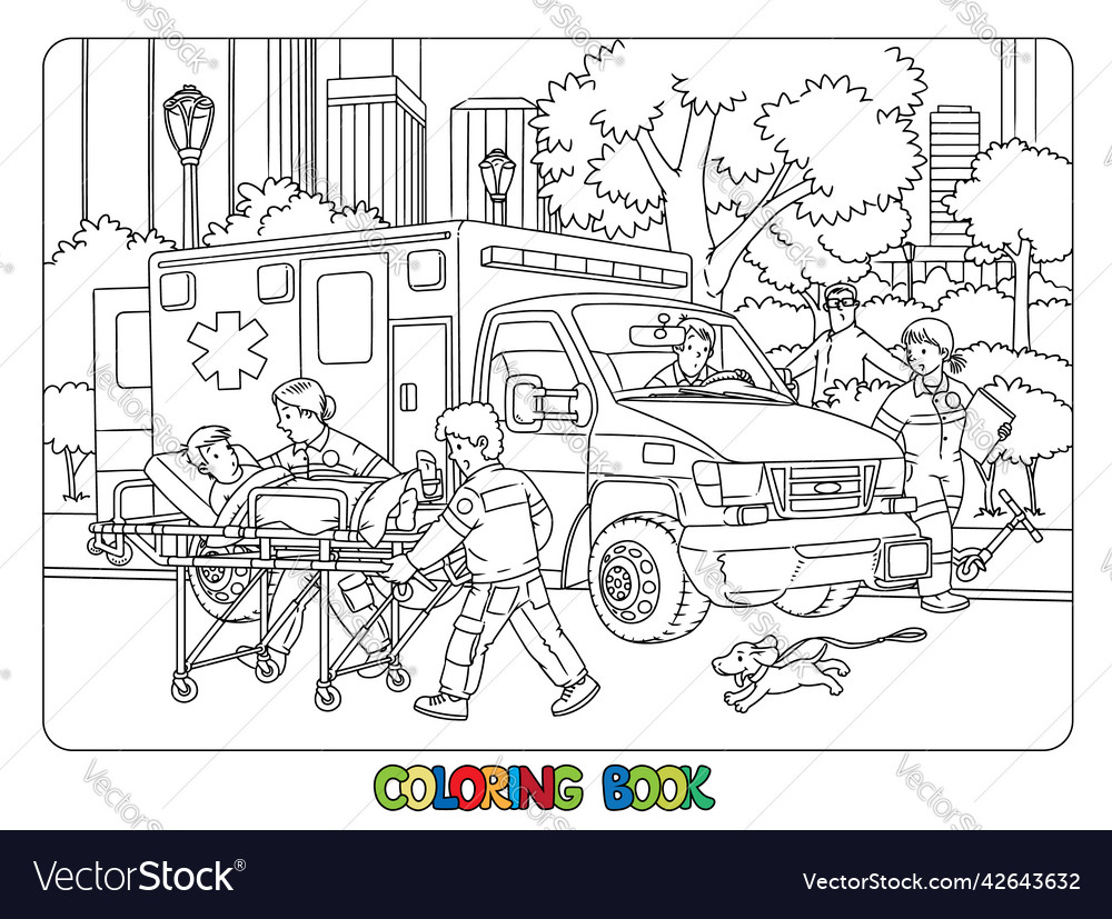 Paramedics near the ambulance cars coloring book