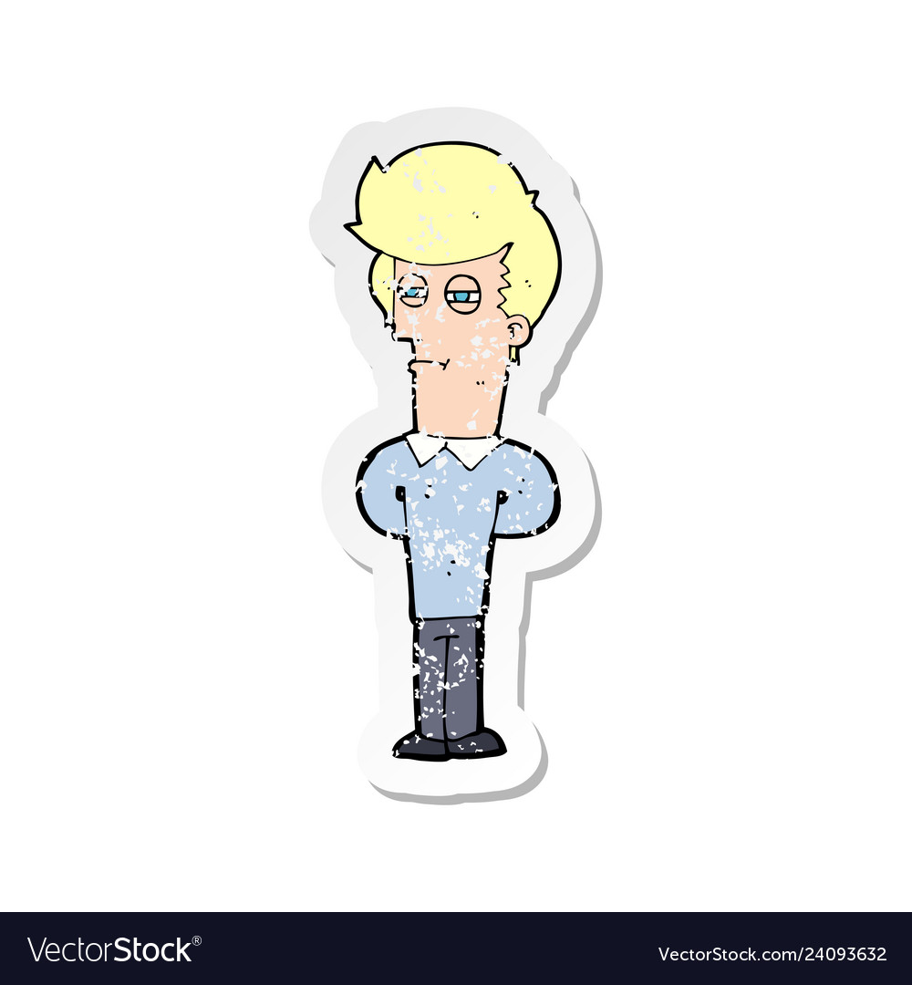 Retro distressed sticker of a cartoon jaded man