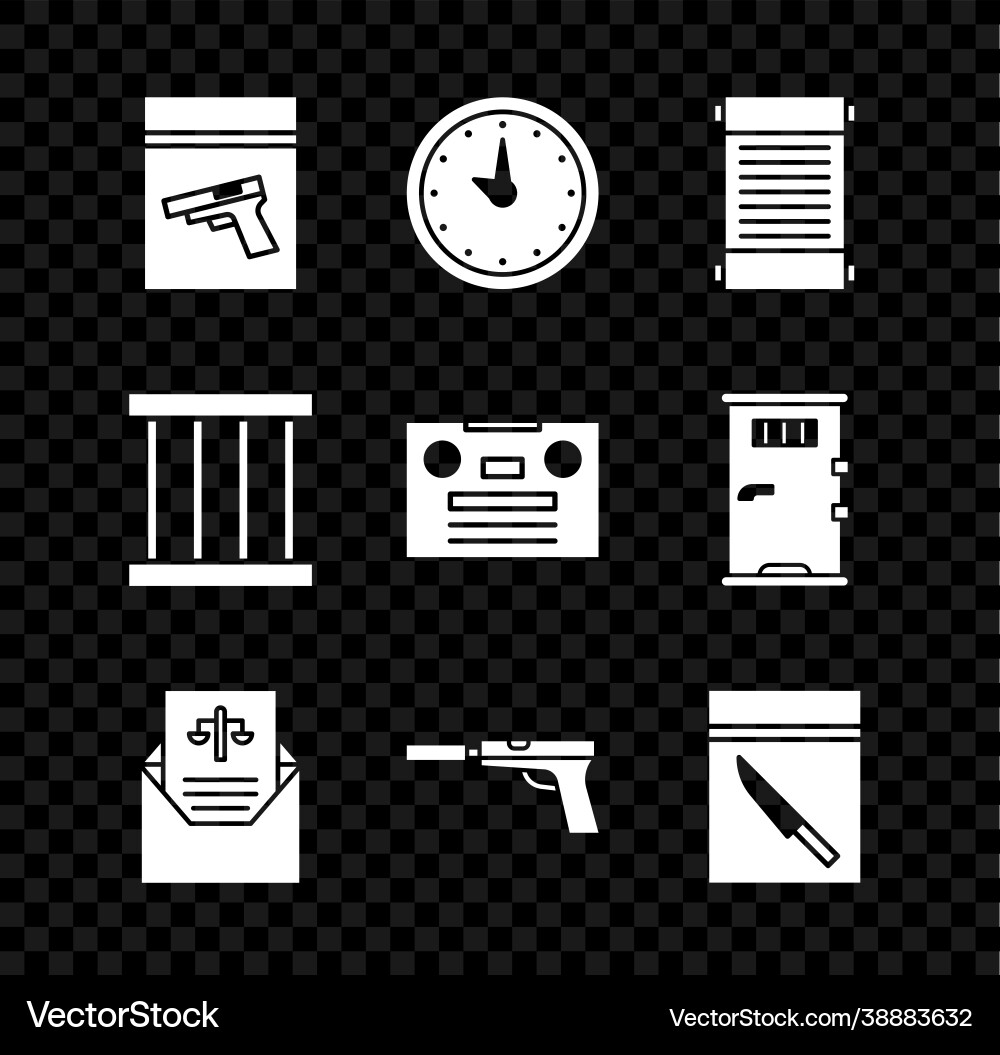 Set evidence bag and pistol or gun clock decree Vector Image