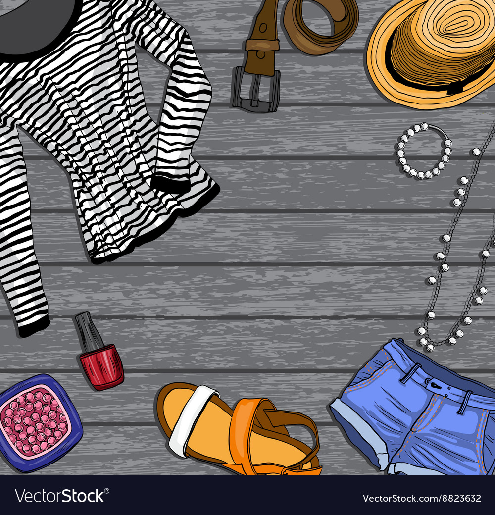 Wooden background with female fashion clothes Vector Image