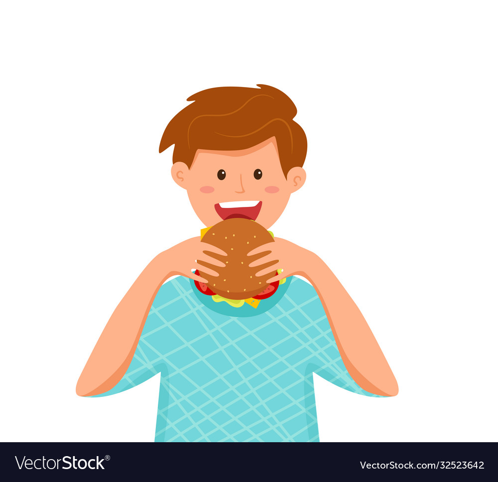 Kid biting burger fast food Royalty Free Vector Image