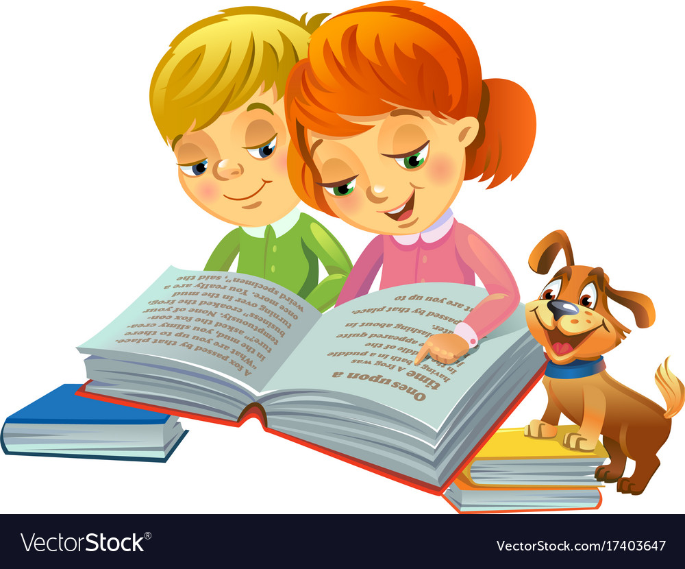 Cute girl and boy reading book Royalty Free Vector Image