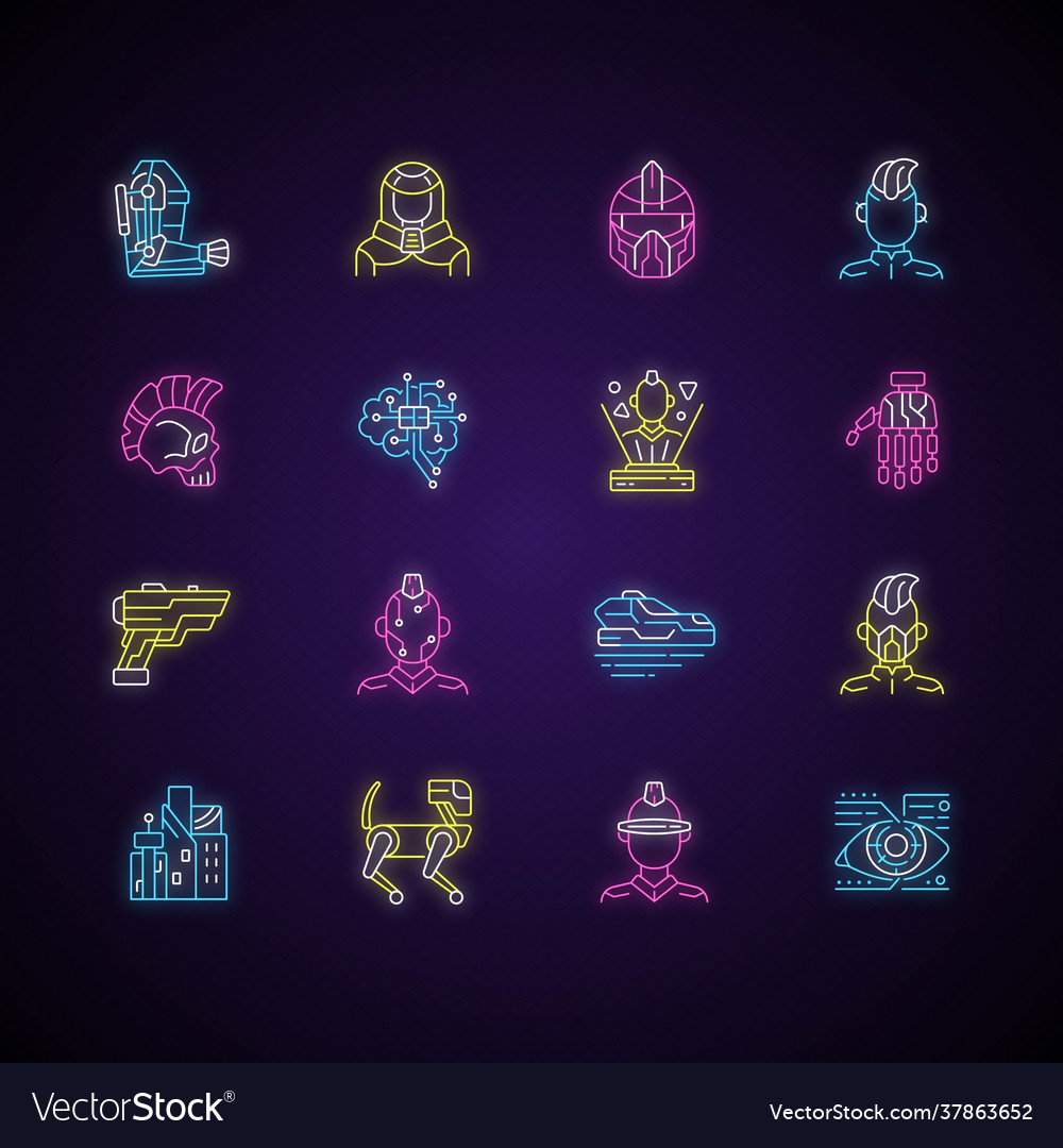 Cyberpunk neon light icons set vector image Cyberpunk neon light icons set