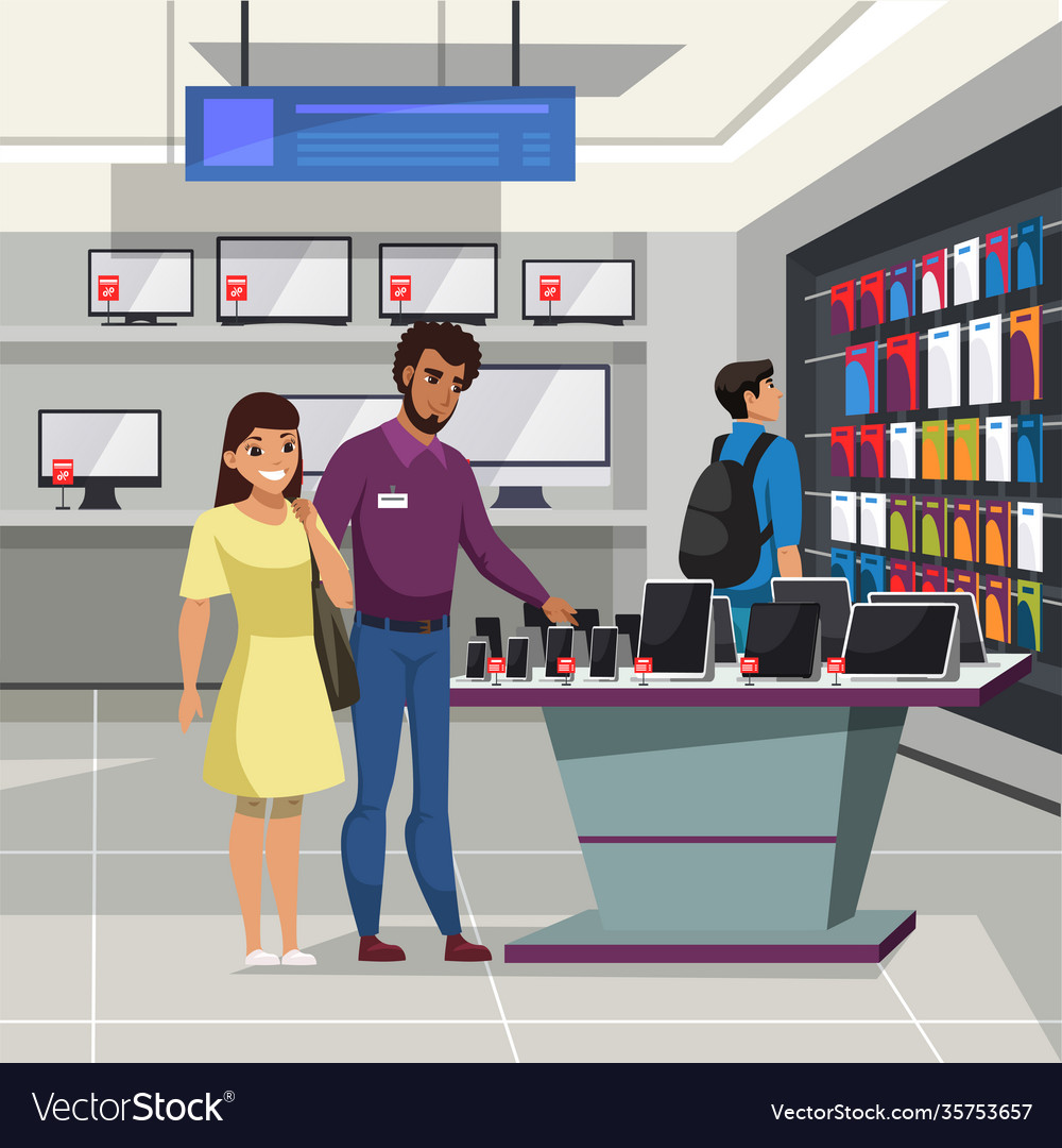 shop-assistant-showing-phone-to-woman-customer-vector-image