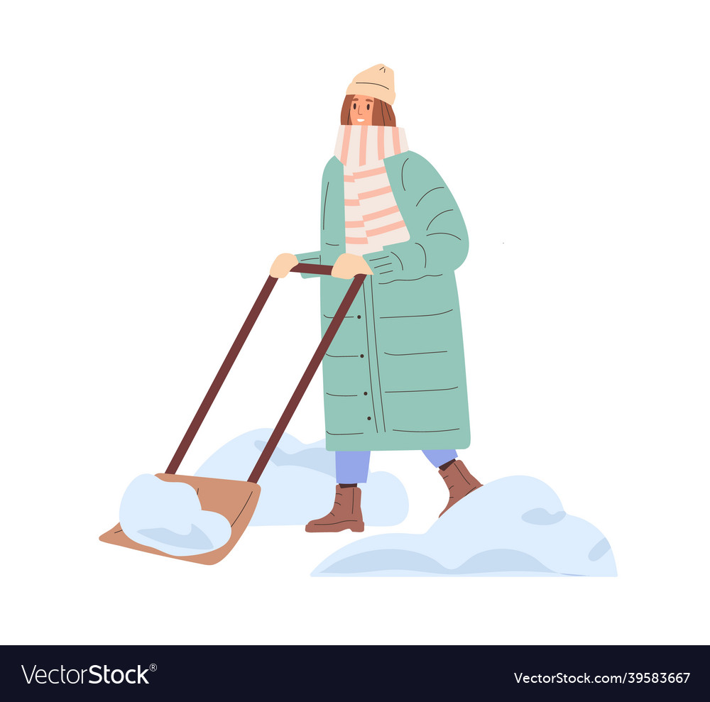 Person removing snow with shovel in winter woman vector image Person removing snow with shovel in winter woman