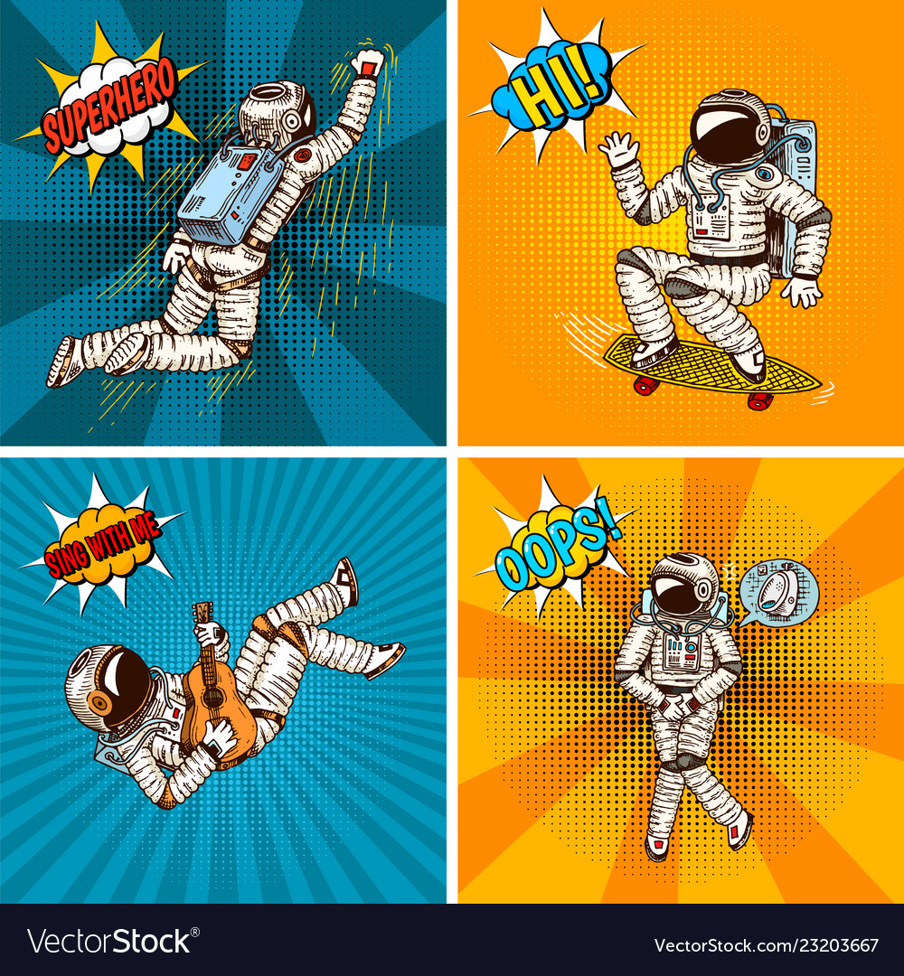 Pop art astronaut soaring or flying on rocket