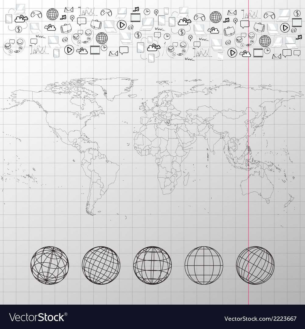world map with world globes and other elements vector image