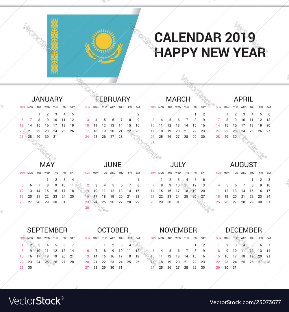 Calendar 2019 kazakhstan flag background english Vector Image