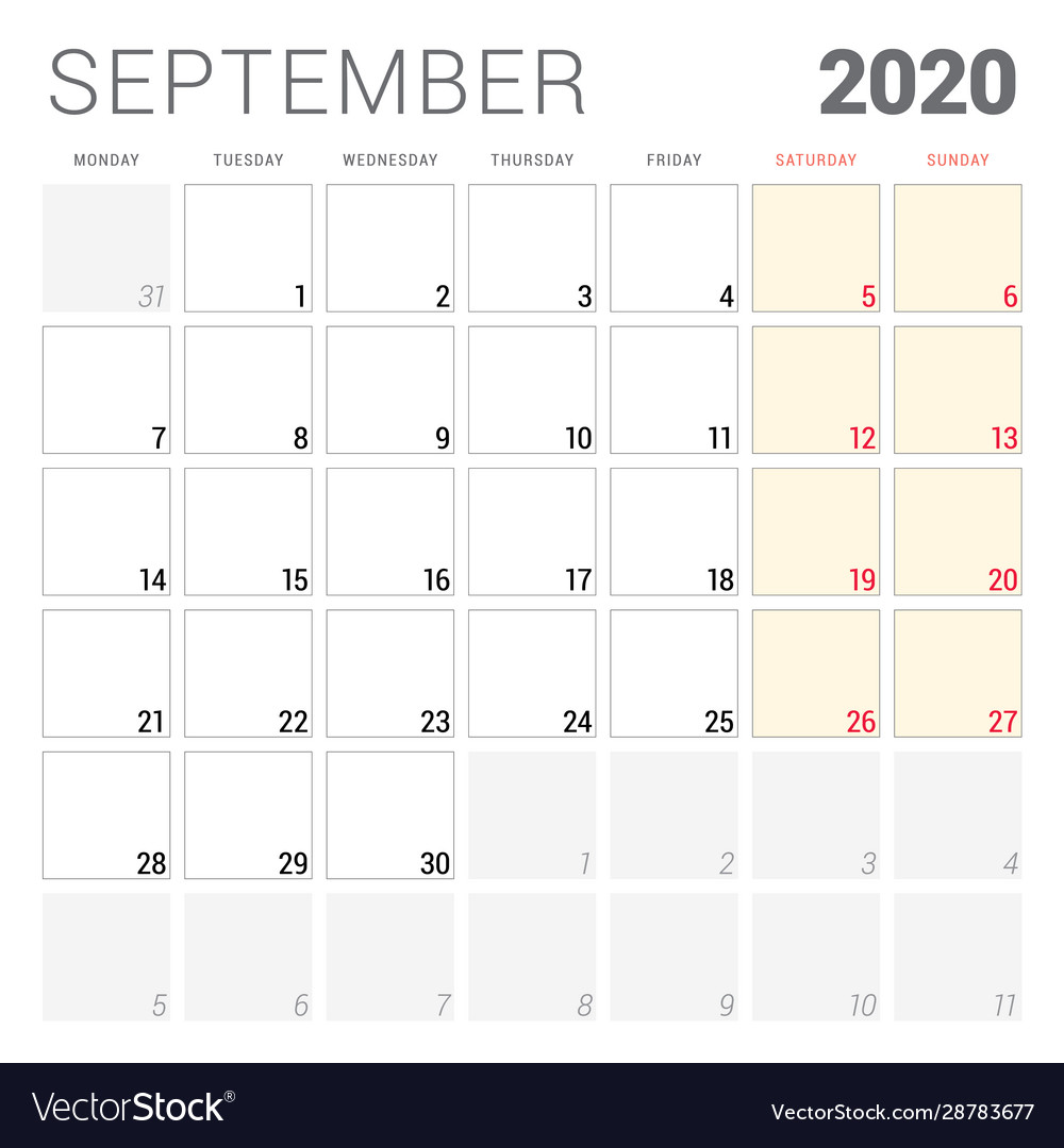Calendar planner for september 2020 week starts Vector Image