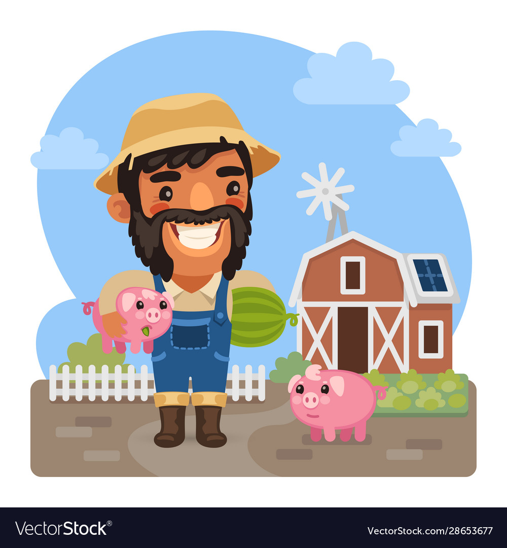 Cartoon male farmer with a piggy Royalty Free Vector Image